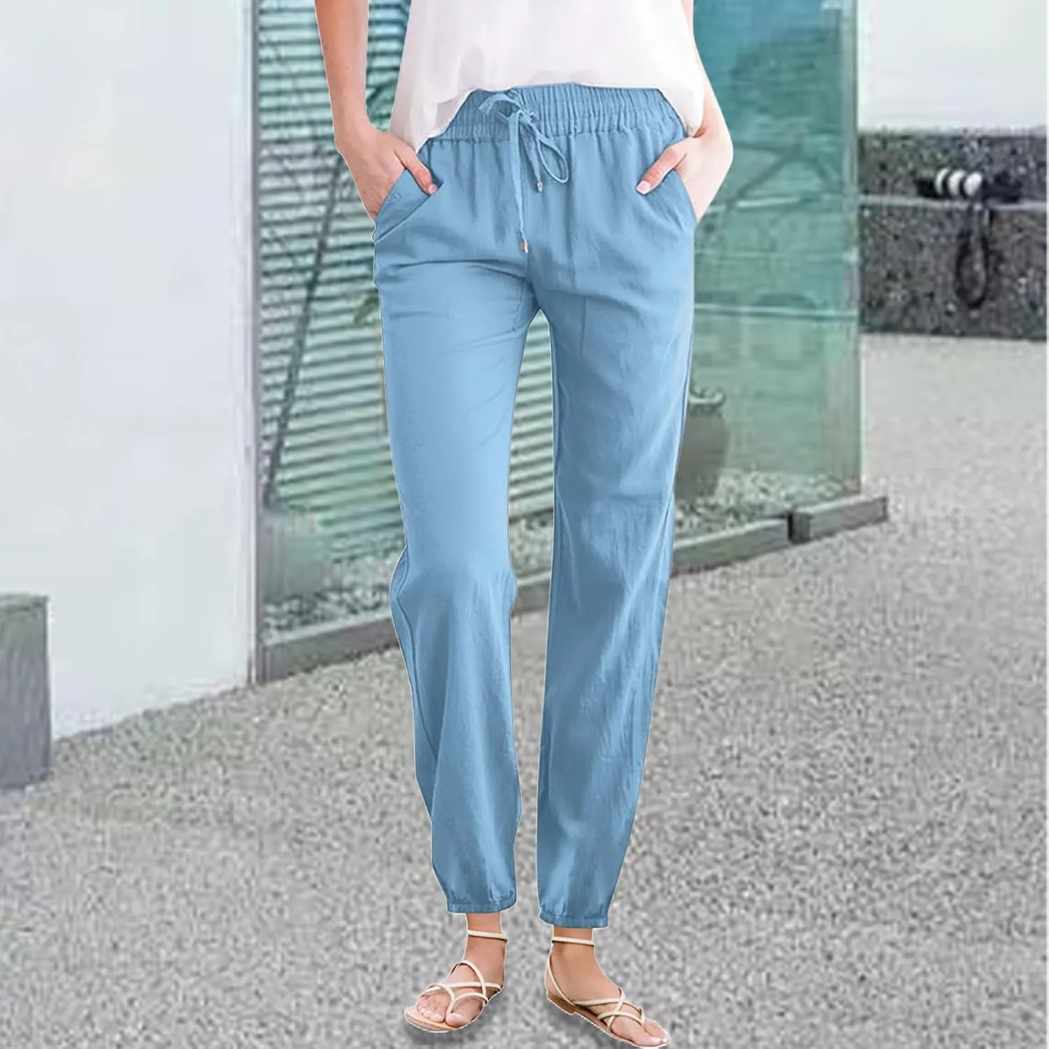 Summer Cotton Linen Pants for Women Drawstring High Waist Slim Straight Leg Pant Solid Color Harem Pants with Pockets