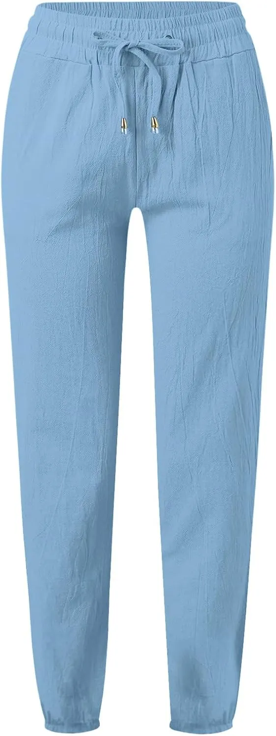 Summer Cotton Linen Pants for Women Drawstring High Waist Slim Straight Leg Pant Solid Color Harem Pants with Pockets