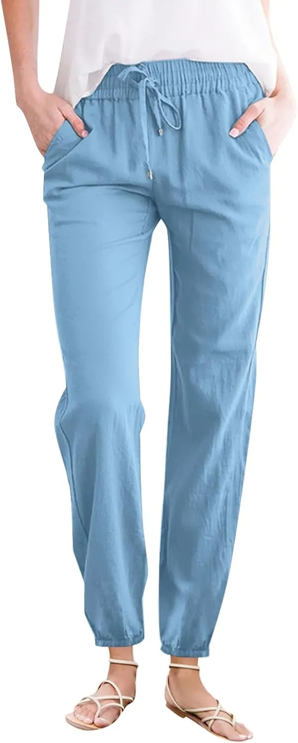 Summer Cotton Linen Pants for Women Drawstring High Waist Slim Straight Leg Pant Solid Color Harem Pants with Pockets