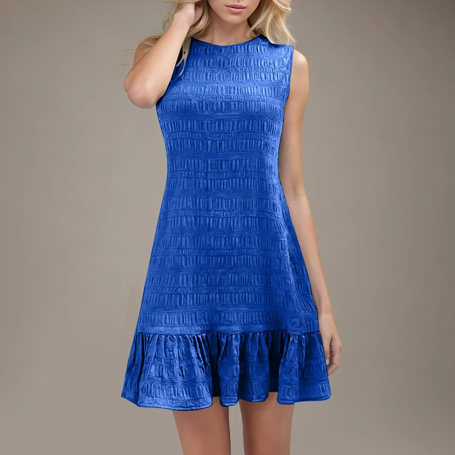 Summer Dress Women Mini Ruffle Hem Sleeveless Round Neck Solid Textured Casual Beach Holiday Party Boho Sundress
