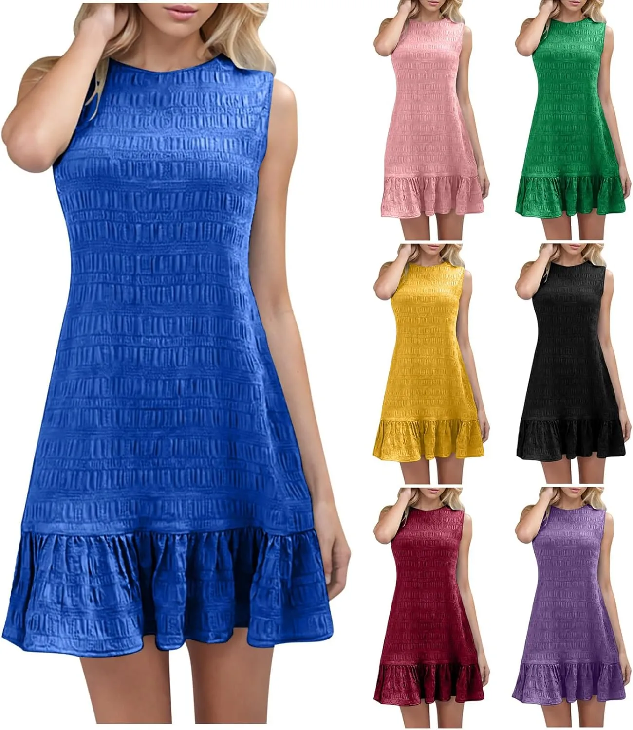 Summer Dress Women Mini Ruffle Hem Sleeveless Round Neck Solid Textured Casual Beach Holiday Party Boho Sundress
