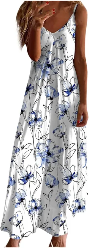 Summer Dresses for Women 2025 Beach Vacation Sexy Spaghetti Strap v Neck Sun Dress Flowy Maxi Long Sundresses Trendy
