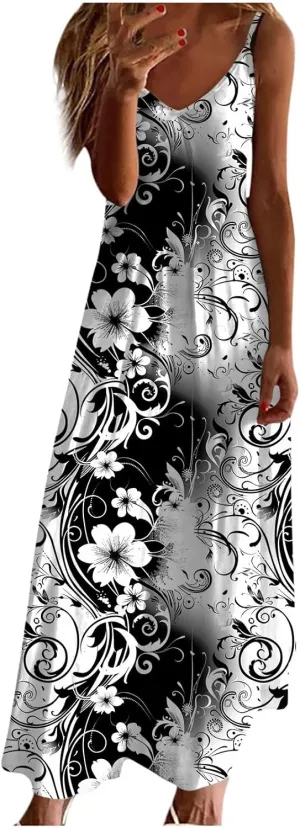 Summer Dresses for Women 2025 Beach Vacation Sexy Spaghetti Strap v Neck Sun Dress Flowy Maxi Long Sundresses Trendy