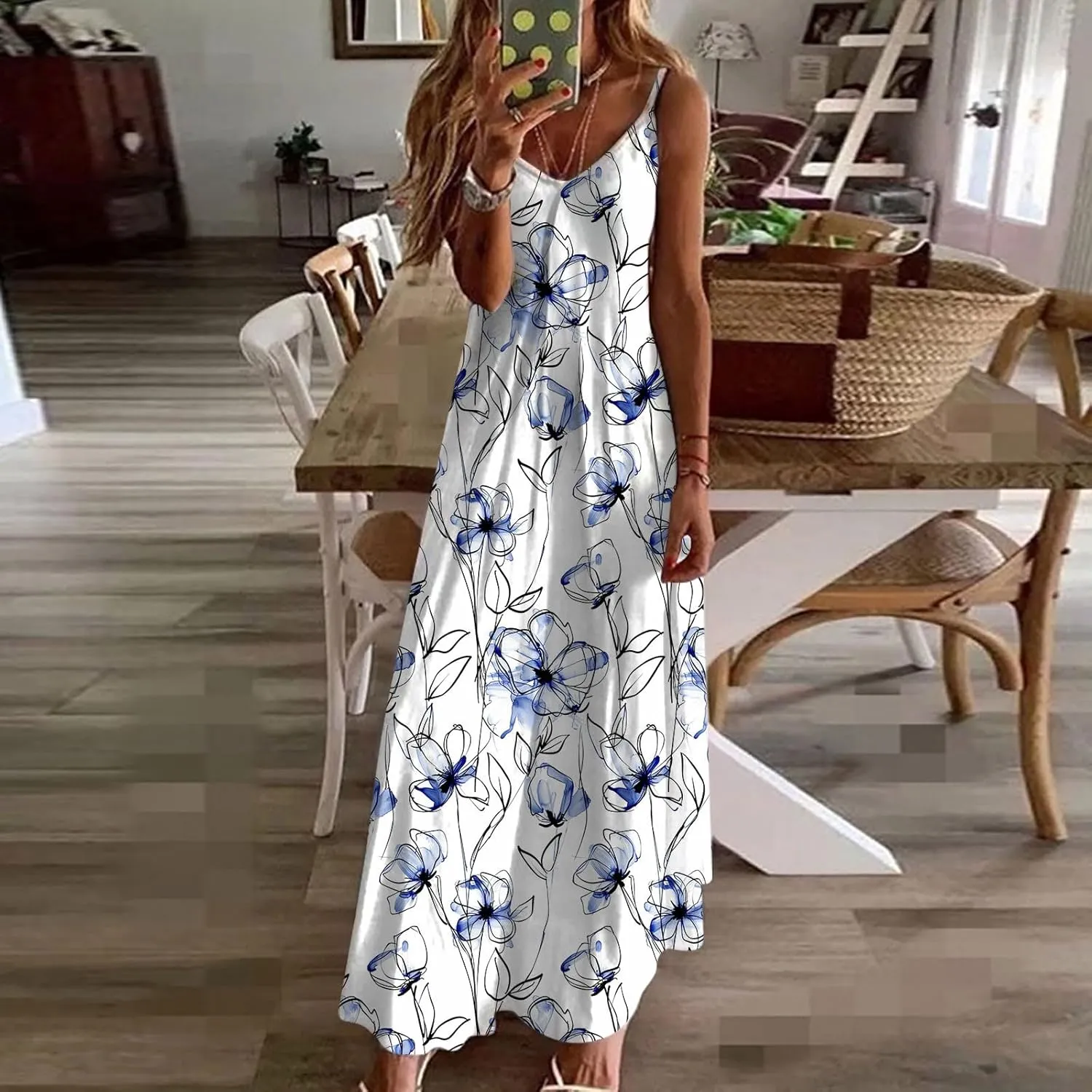 Summer Dresses for Women 2025 Beach Vacation Sexy Spaghetti Strap v Neck Sun Dress Flowy Maxi Long Sundresses Trendy