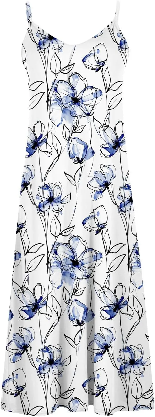 Summer Dresses for Women 2025 Beach Vacation Sexy Spaghetti Strap v Neck Sun Dress Flowy Maxi Long Sundresses Trendy
