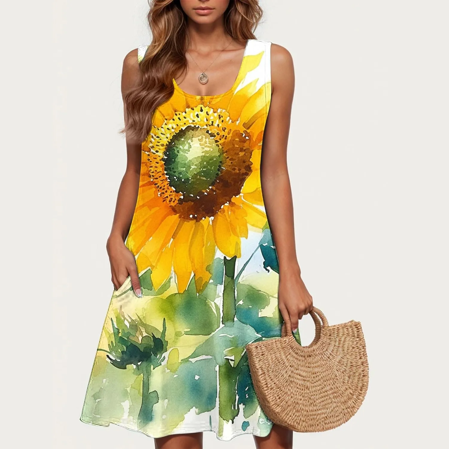 Summer Dresses for Women Sleevless Floral Midi Dress Ruffle Hem V Neck Dress Holiday Dresses for Women