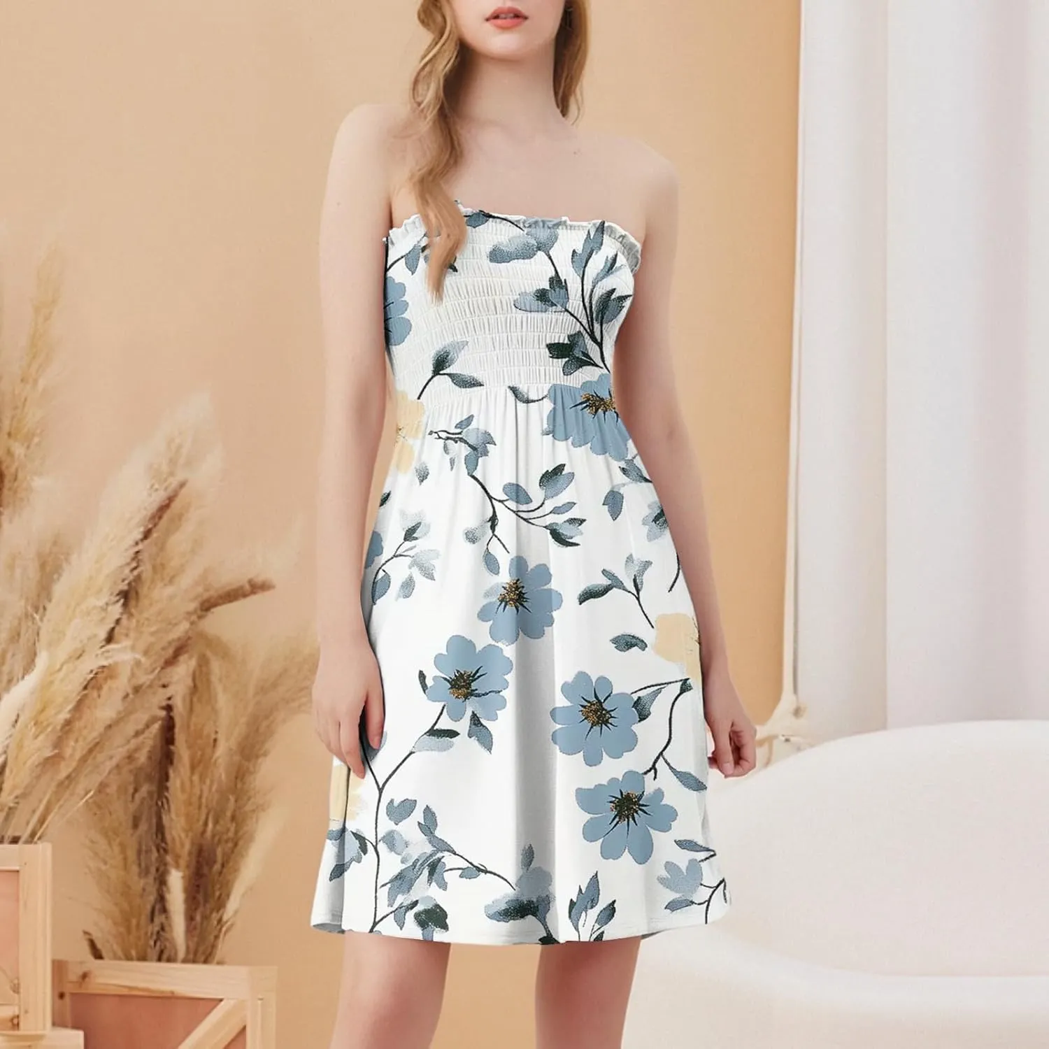 Summer Dresses for Women Strapless Boho Floral Mini Dress Casual Beach Cover Ups Tube Tops Sundress