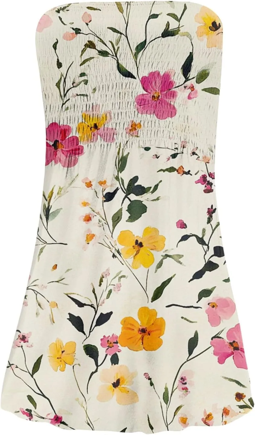 Summer Dresses for Women Strapless Boho Floral Mini Dress Casual Beach Cover Ups Tube Tops Sundress
