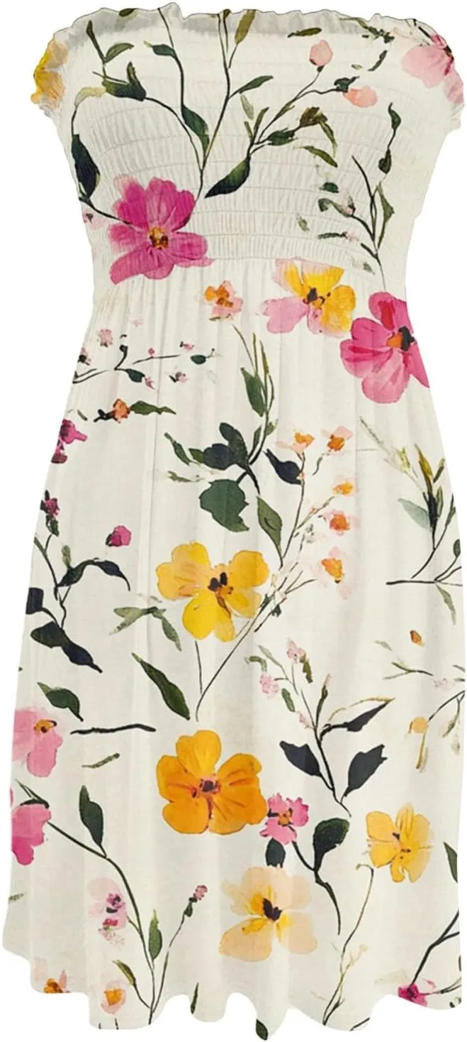 Summer Dresses for Women Strapless Boho Floral Mini Dress Casual Beach Cover Ups Tube Tops Sundress