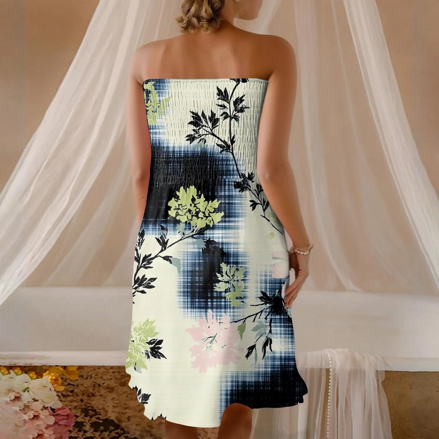 Summer Dresses for Women Strapless Boho Floral Mini Dress Casual Beach Cover Ups Tube Tops Sundress