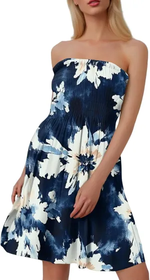 Summer Dresses for Women Strapless Boho Floral Mini Dress Casual Beach Cover Ups Tube Tops Sundress
