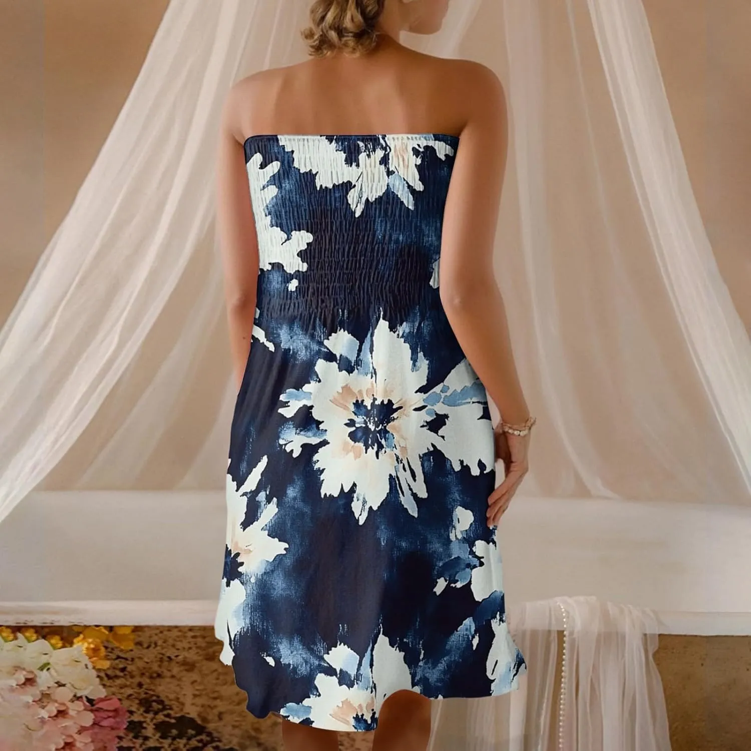 Summer Dresses for Women Strapless Boho Floral Mini Dress Casual Beach Cover Ups Tube Tops Sundress