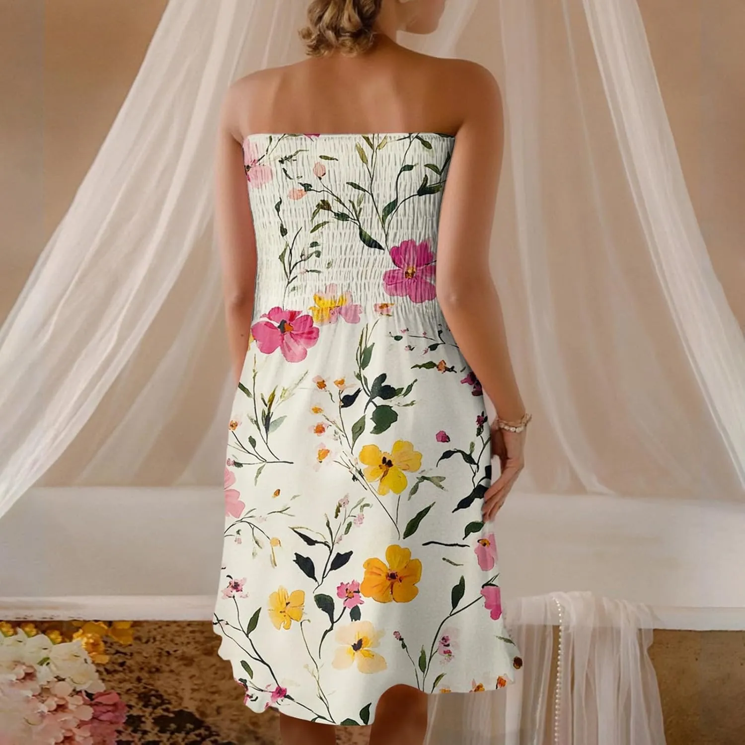 Summer Dresses for Women Strapless Boho Floral Mini Dress Casual Beach Cover Ups Tube Tops Sundress