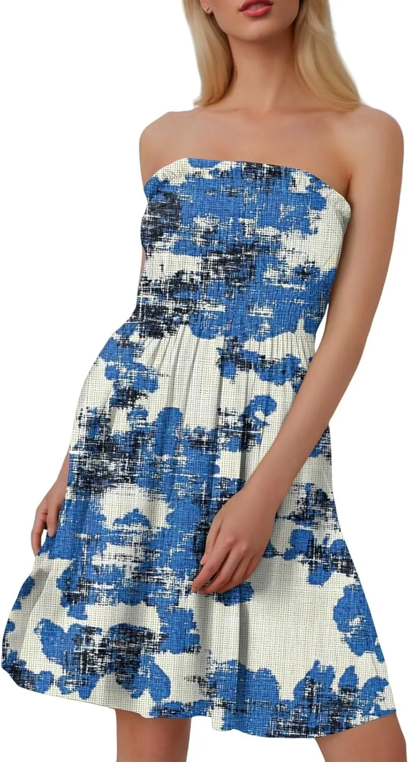 Summer Dresses for Women Strapless Boho Floral Mini Dress Casual Beach Cover Ups Tube Tops Sundress