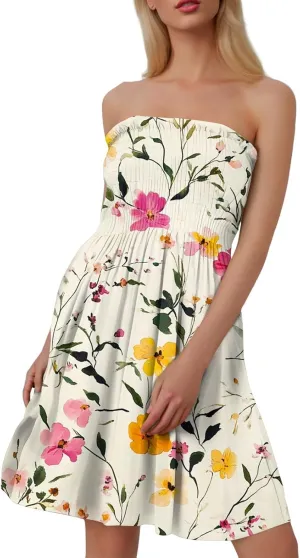 Summer Dresses for Women Strapless Boho Floral Mini Dress Casual Beach Cover Ups Tube Tops Sundress