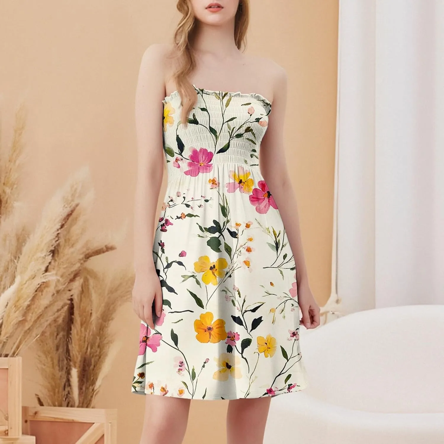 Summer Dresses for Women Strapless Boho Floral Mini Dress Casual Beach Cover Ups Tube Tops Sundress