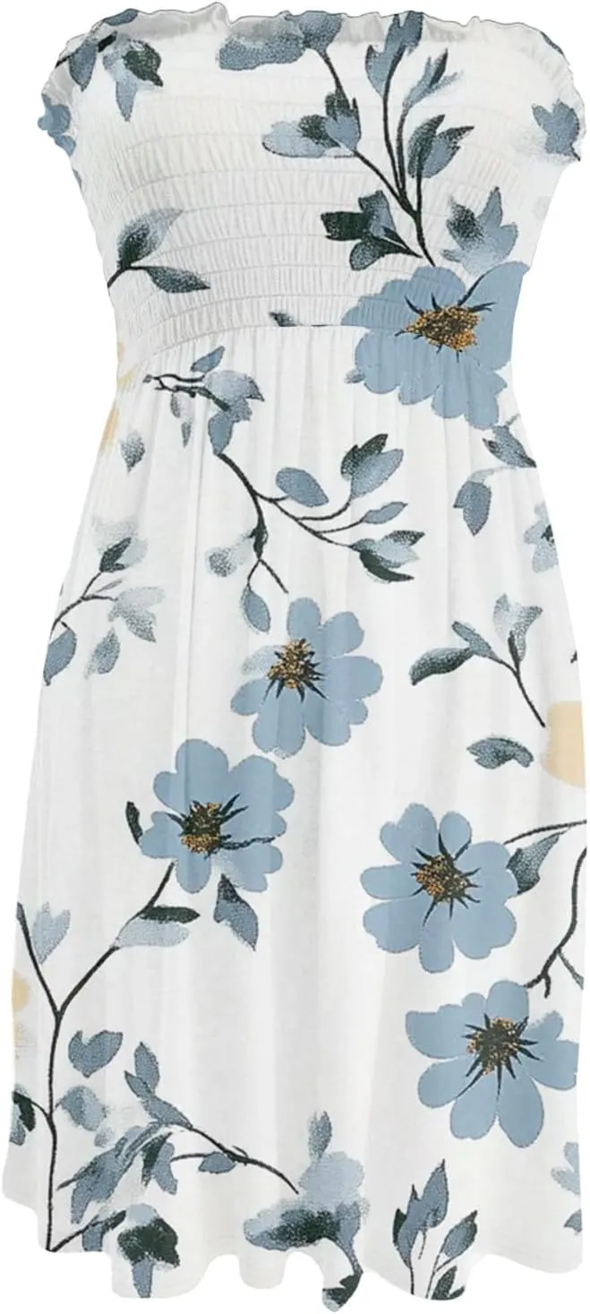 Summer Dresses for Women Strapless Boho Floral Mini Dress Casual Beach Cover Ups Tube Tops Sundress
