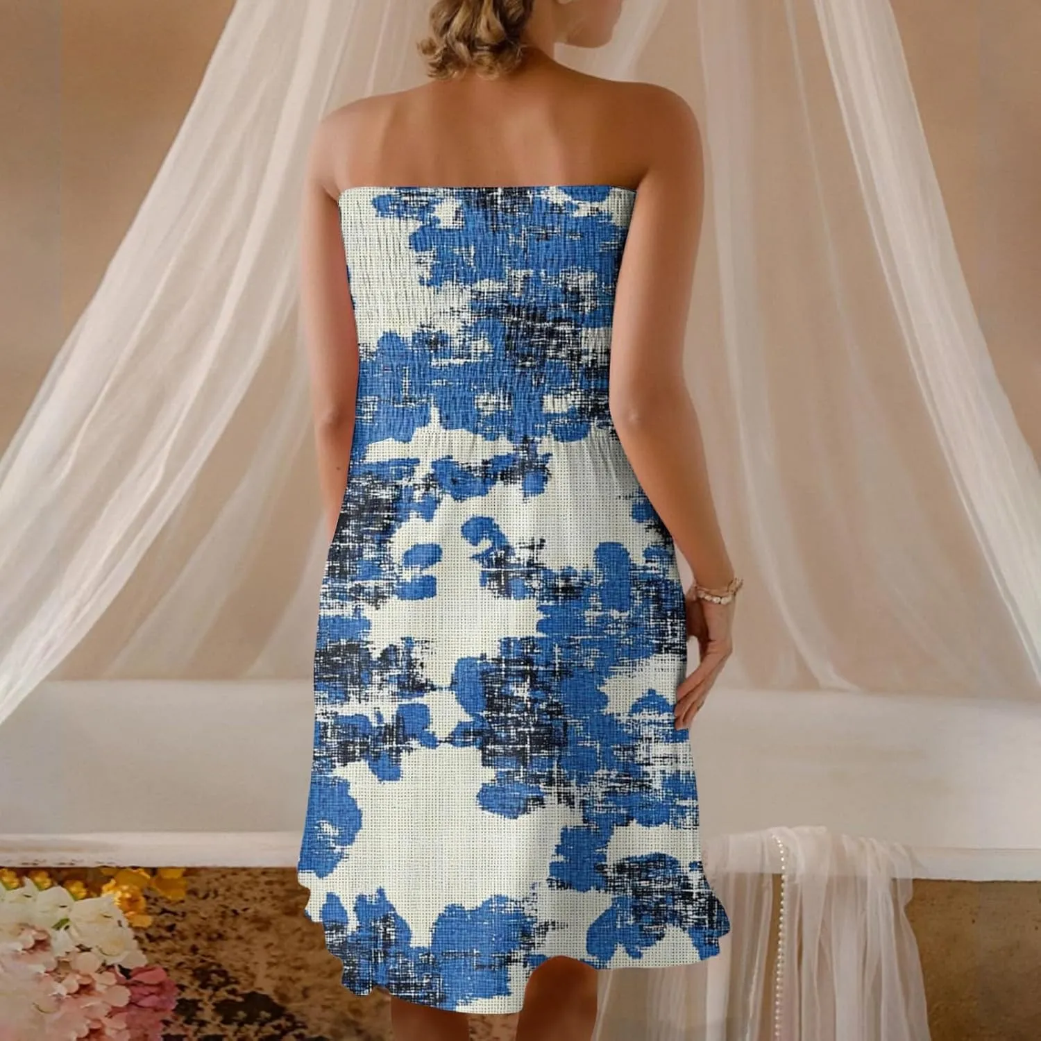 Summer Dresses for Women Strapless Boho Floral Mini Dress Casual Beach Cover Ups Tube Tops Sundress
