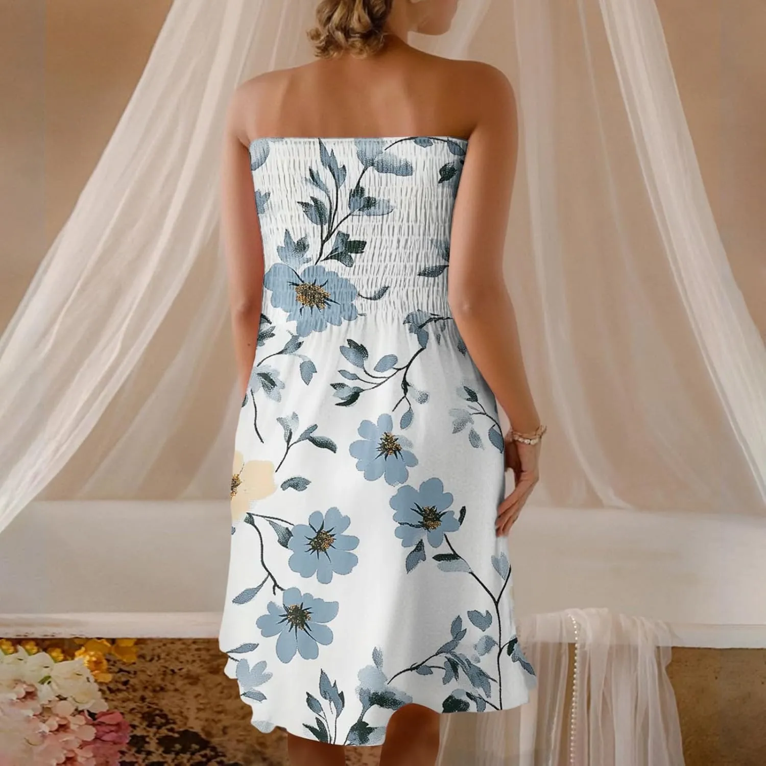 Summer Dresses for Women Strapless Boho Floral Mini Dress Casual Beach Cover Ups Tube Tops Sundress