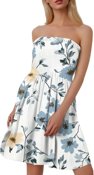 Summer Dresses for Women Strapless Boho Floral Mini Dress Casual Beach Cover Ups Tube Tops Sundress