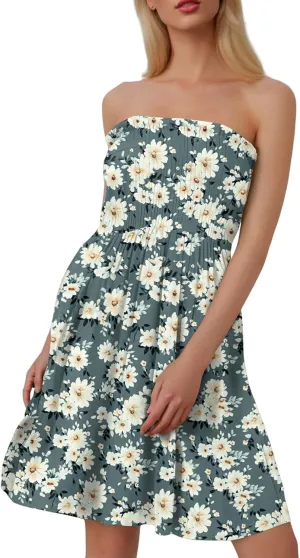Summer Dresses for Women Strapless Boho Floral Mini Dress Casual Beach Cover Ups Tube Tops Sundress
