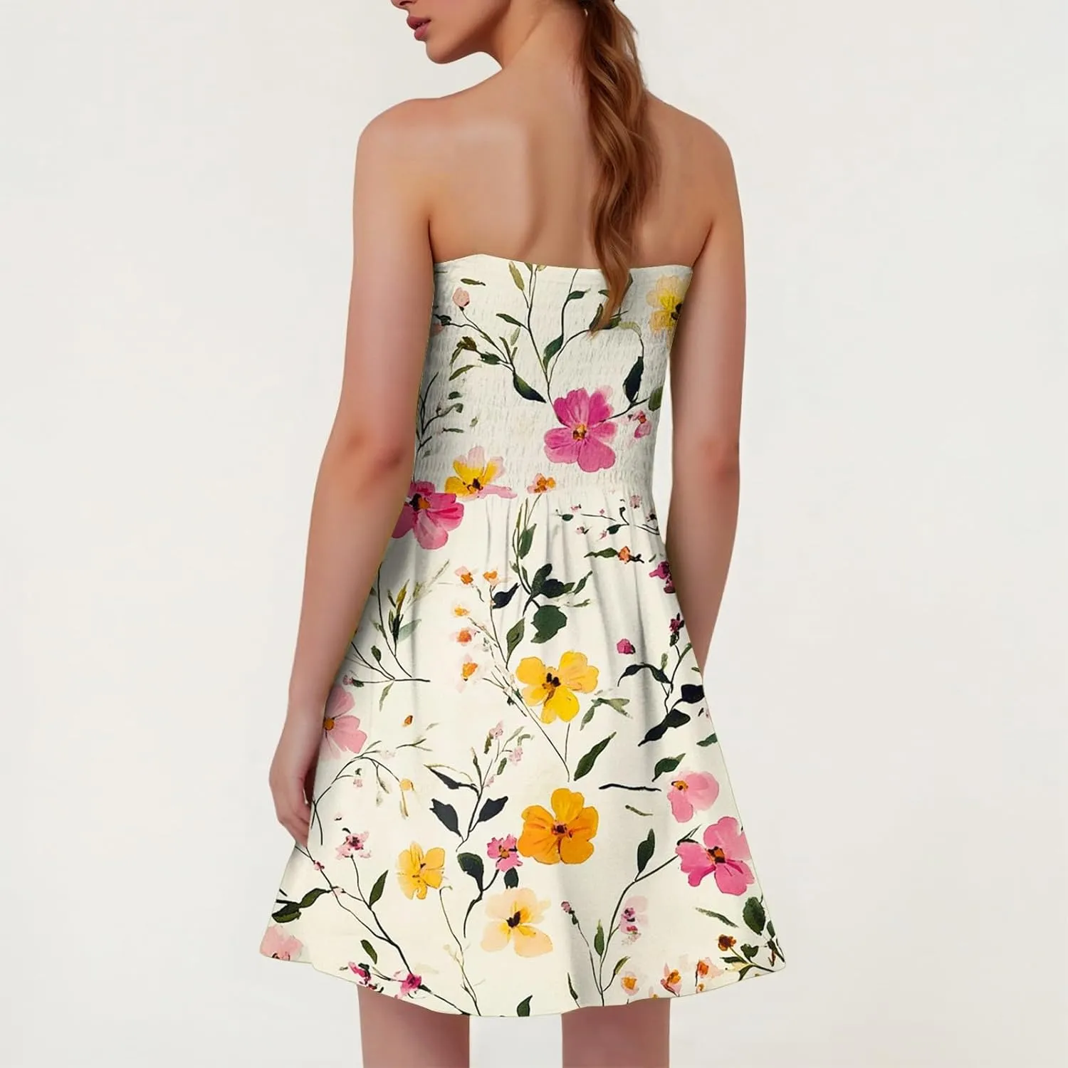 Summer Dresses for Women Strapless Boho Floral Mini Dress Casual Beach Cover Ups Tube Tops Sundress