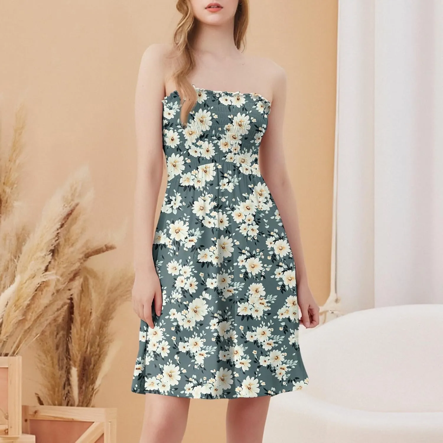 Summer Dresses for Women Strapless Boho Floral Mini Dress Casual Beach Cover Ups Tube Tops Sundress