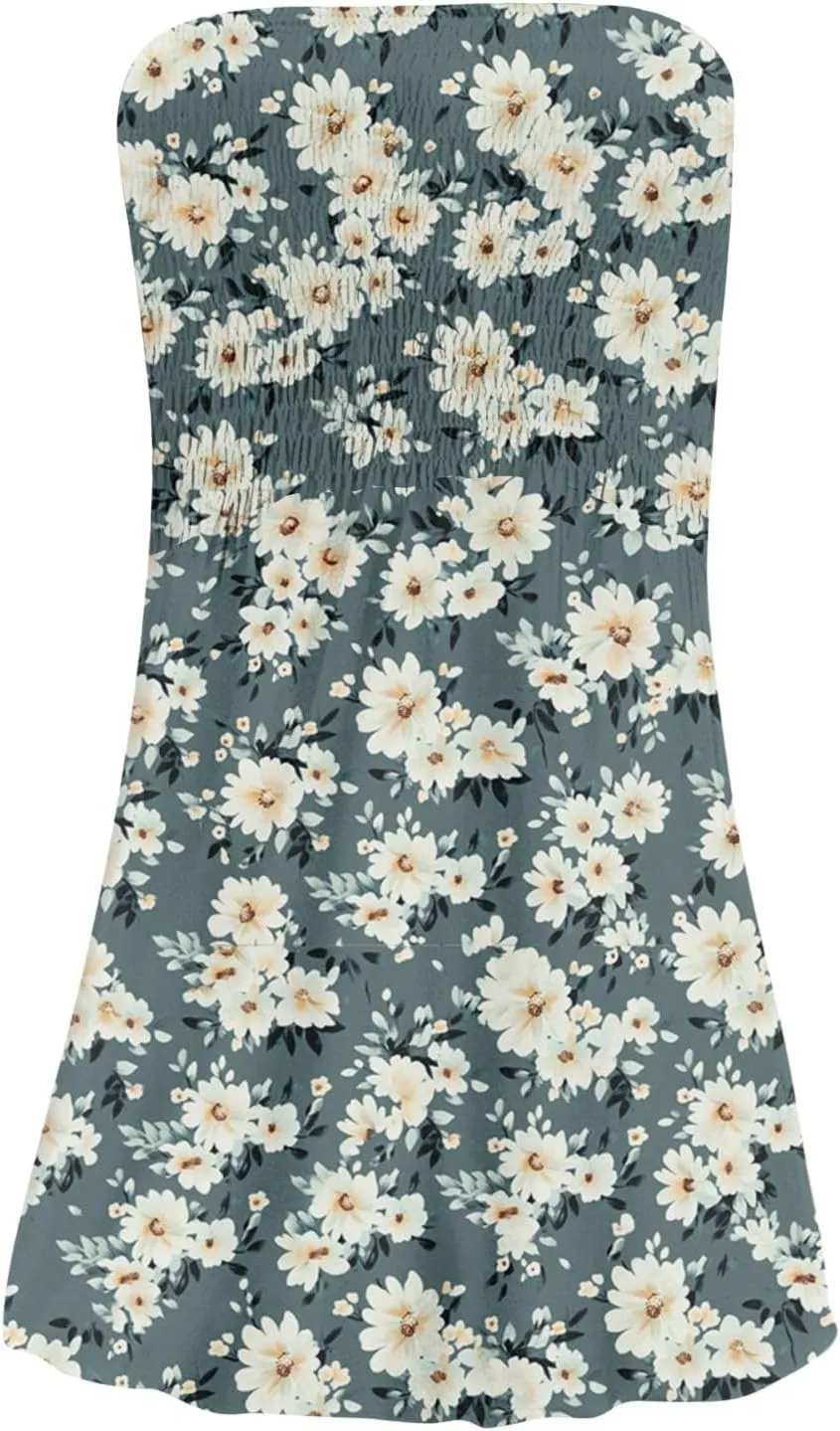 Summer Dresses for Women Strapless Boho Floral Mini Dress Casual Beach Cover Ups Tube Tops Sundress