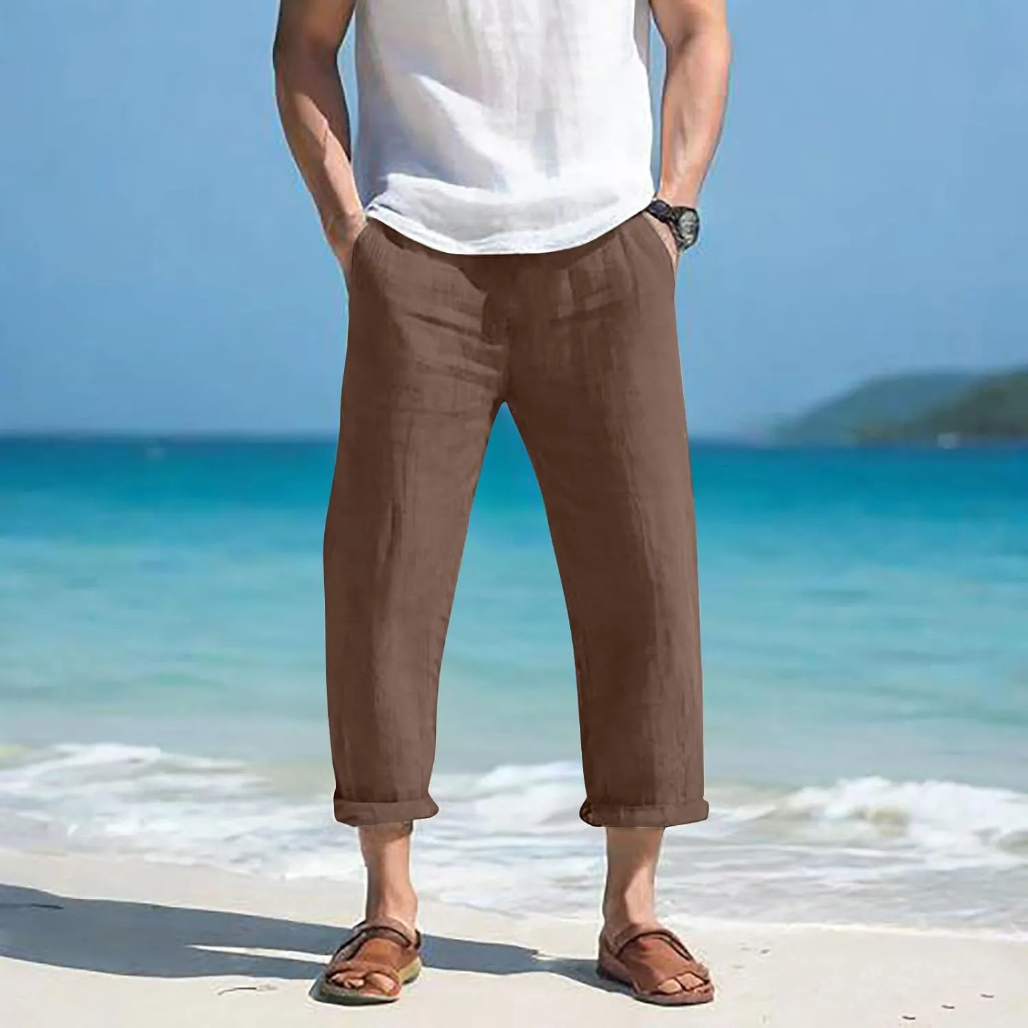 Summer Linen Pants for Men Plus Size Wide Leg lastic Waist Lounge Trousers with Pockets Solid Loose Lightweight Pant