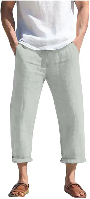 Summer Linen Pants for Men Plus Size Wide Leg lastic Waist Lounge Trousers with Pockets Solid Loose Lightweight Pant