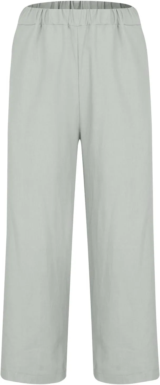 Summer Linen Pants for Men Plus Size Wide Leg lastic Waist Lounge Trousers with Pockets Solid Loose Lightweight Pant