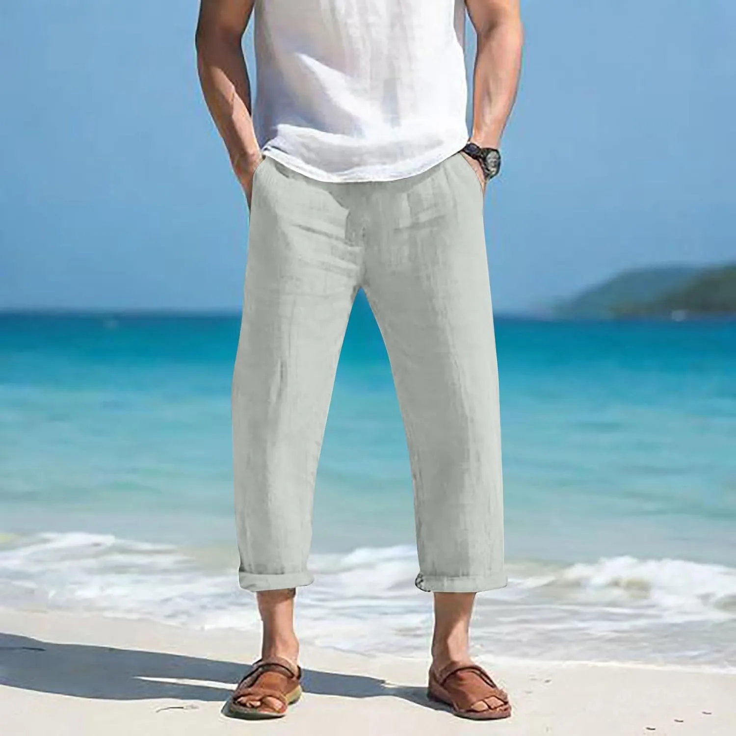 Summer Linen Pants for Men Plus Size Wide Leg lastic Waist Lounge Trousers with Pockets Solid Loose Lightweight Pant