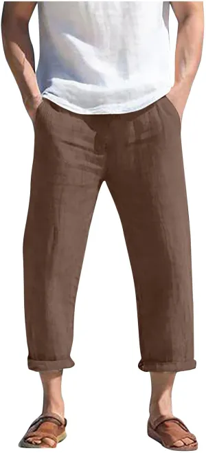 Summer Linen Pants for Men Plus Size Wide Leg lastic Waist Lounge Trousers with Pockets Solid Loose Lightweight Pant