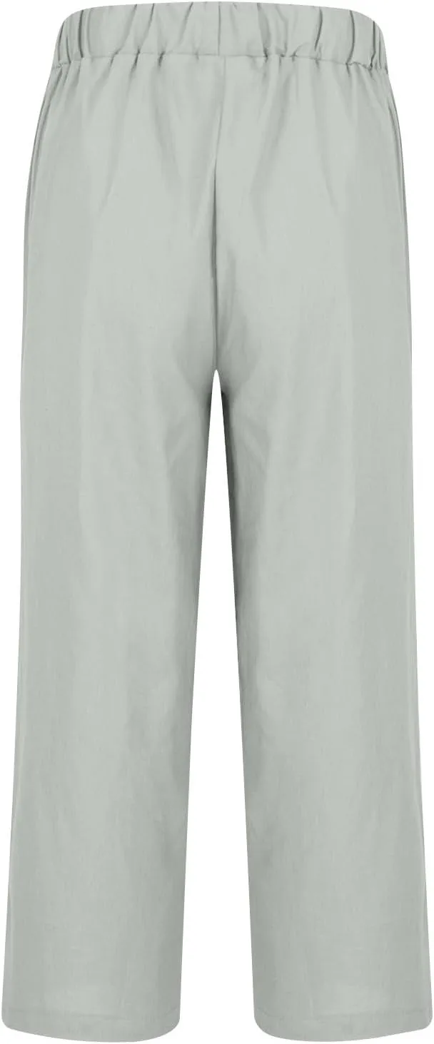 Summer Linen Pants for Men Plus Size Wide Leg lastic Waist Lounge Trousers with Pockets Solid Loose Lightweight Pant