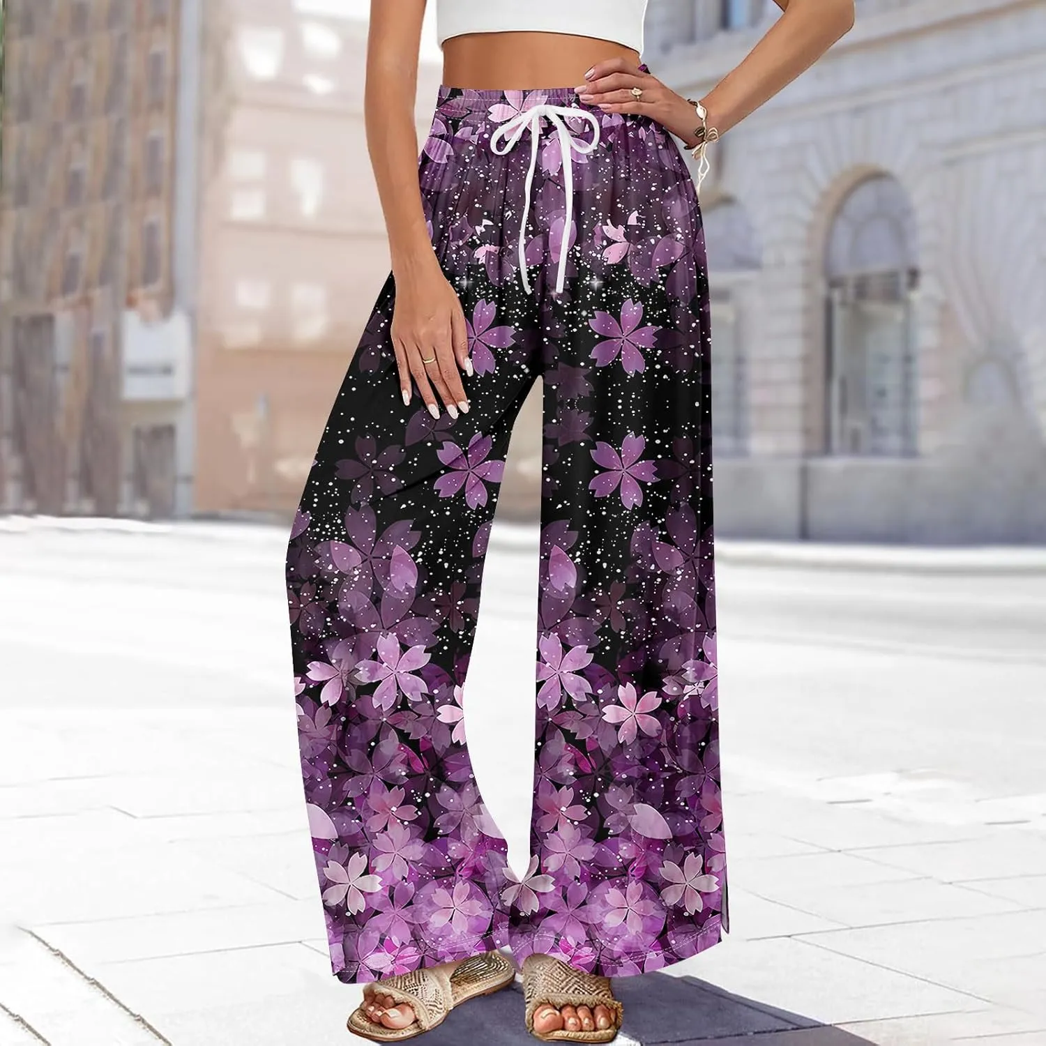 Summer Wide Leg Pants for Women Elastic Waist Drawstring Boho Palazzo Flowy Pants Floral Print with Pockets Trousers