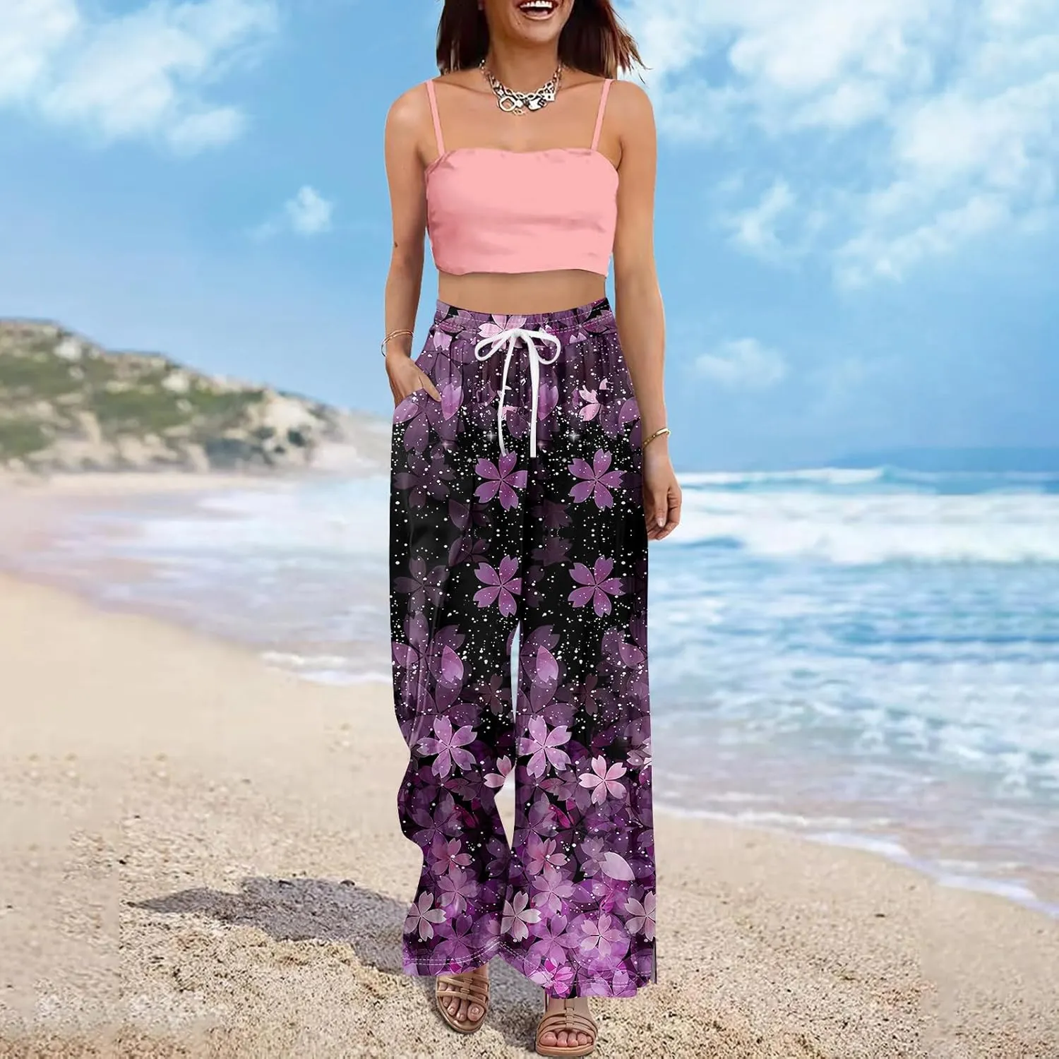 Summer Wide Leg Pants for Women Elastic Waist Drawstring Boho Palazzo Flowy Pants Floral Print with Pockets Trousers