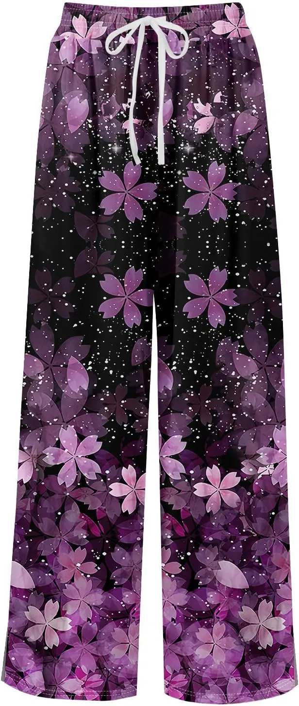 Summer Wide Leg Pants for Women Elastic Waist Drawstring Boho Palazzo Flowy Pants Floral Print with Pockets Trousers