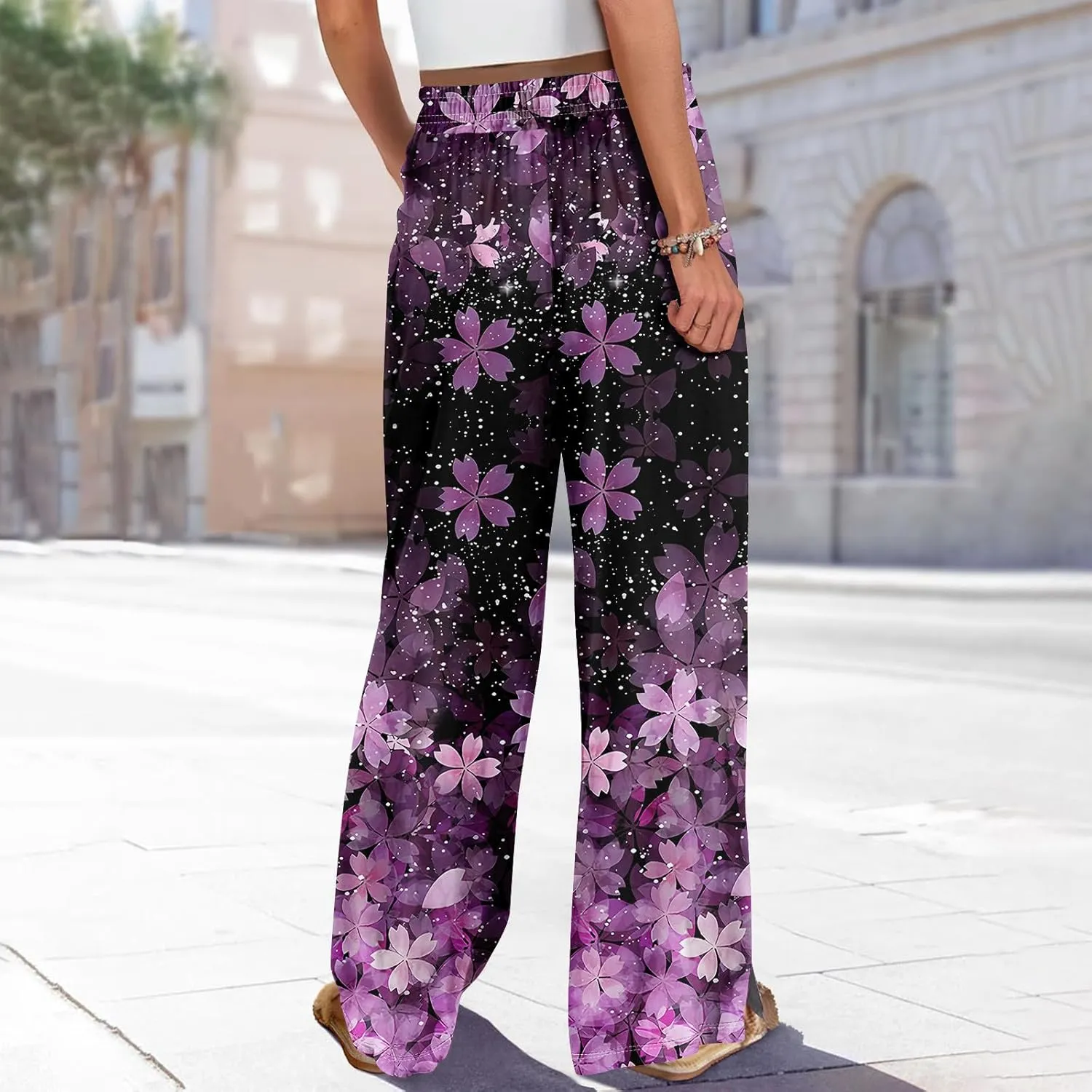 Summer Wide Leg Pants for Women Elastic Waist Drawstring Boho Palazzo Flowy Pants Floral Print with Pockets Trousers