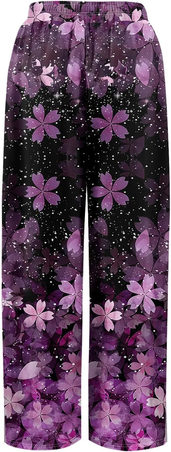 Summer Wide Leg Pants for Women Elastic Waist Drawstring Boho Palazzo Flowy Pants Floral Print with Pockets Trousers