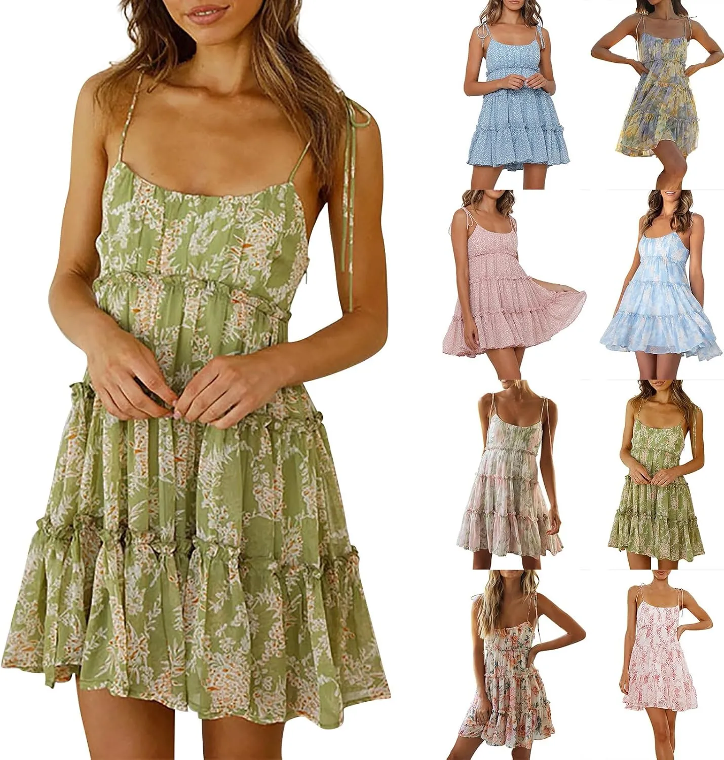 Sundresses for Women 2025 Summer Floral Spaghetti Strap Layered Ruffle Mini Dress Flowy Chiffon Milkmaid Dress