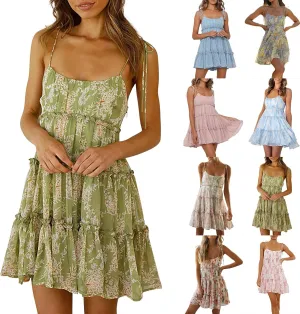 Sundresses for Women 2025 Summer Floral Spaghetti Strap Layered Ruffle Mini Dress Flowy Chiffon Milkmaid Dress