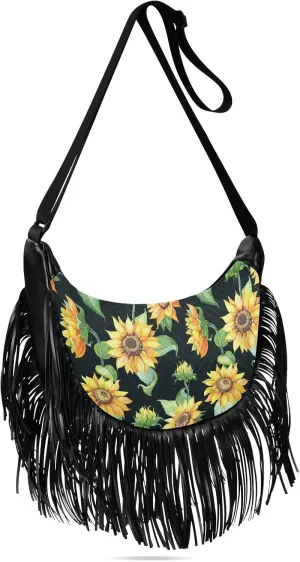 Sunflower Leaves Floral Fringe Bag for Women Cross Body Bag Tassel Shoulder Bag Satchel
