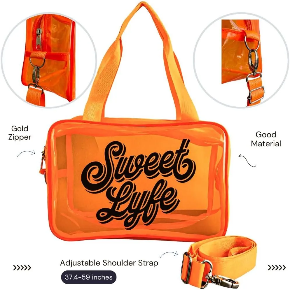 SWEET LYFE Clear Cosmetic Bag with Bright Design, 10x6.7x3.93 inches, Clear Tote Bag (Orange)