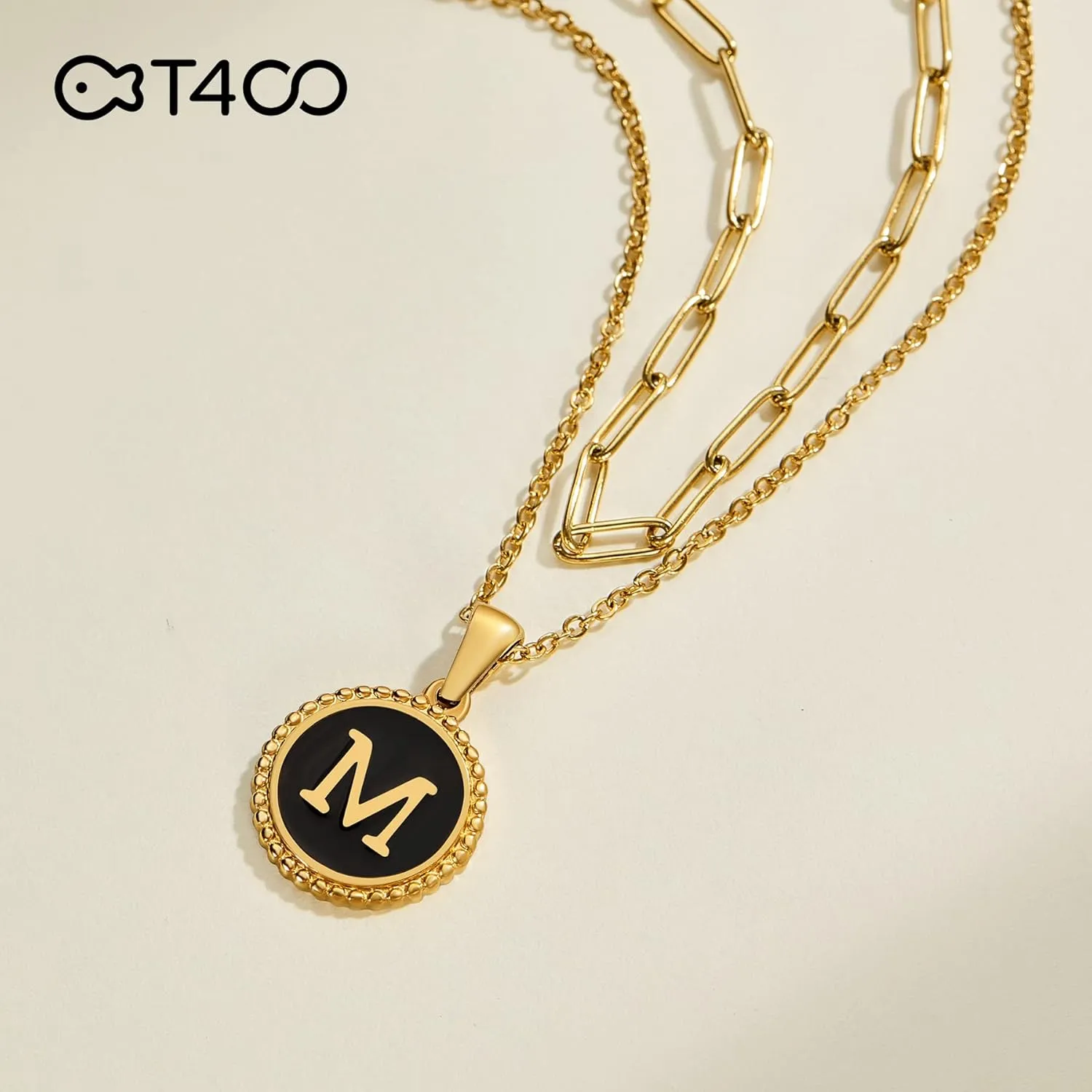 T400 Layered Gold Initial Necklaces for Women Paperclip Chain Letter Pendant Chokers Jewelry
