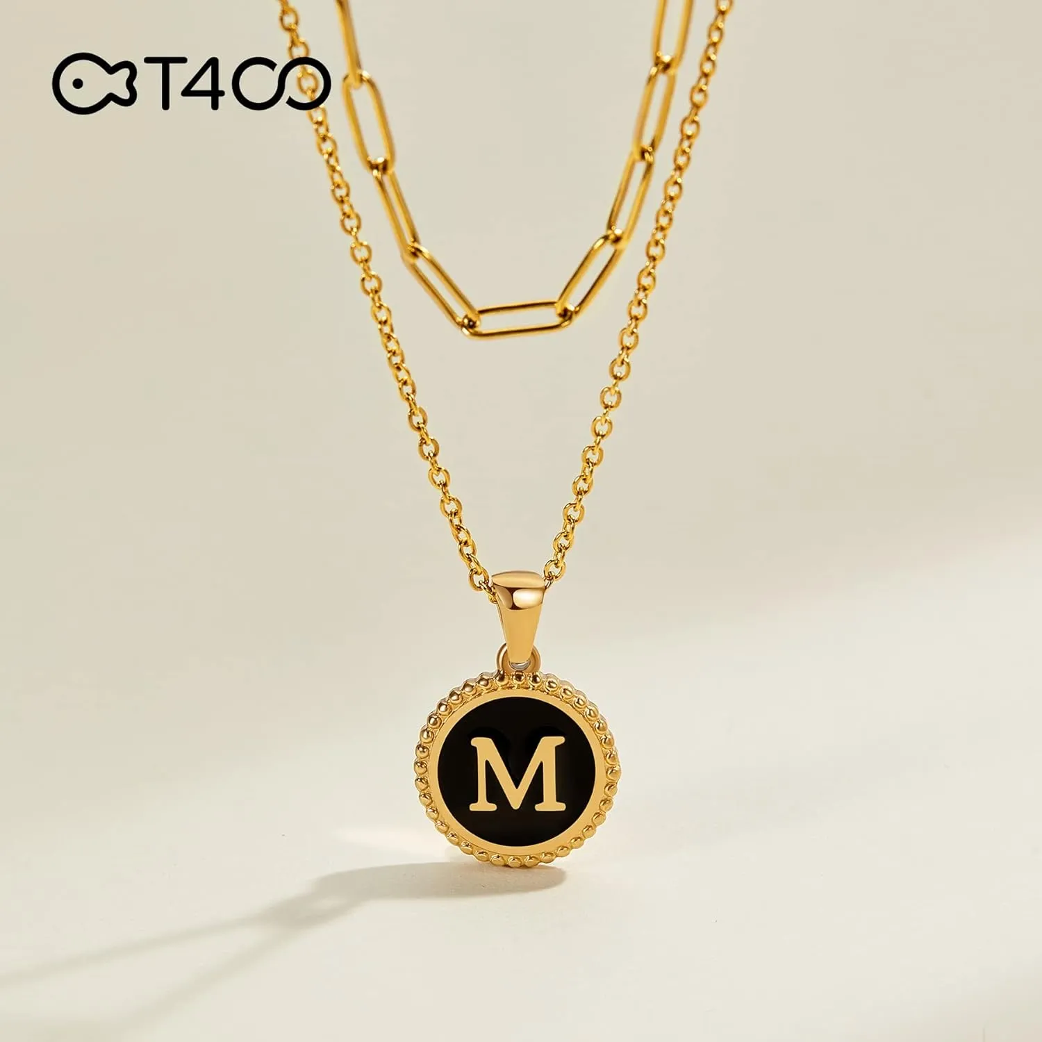 T400 Layered Gold Initial Necklaces for Women Paperclip Chain Letter Pendant Chokers Jewelry
