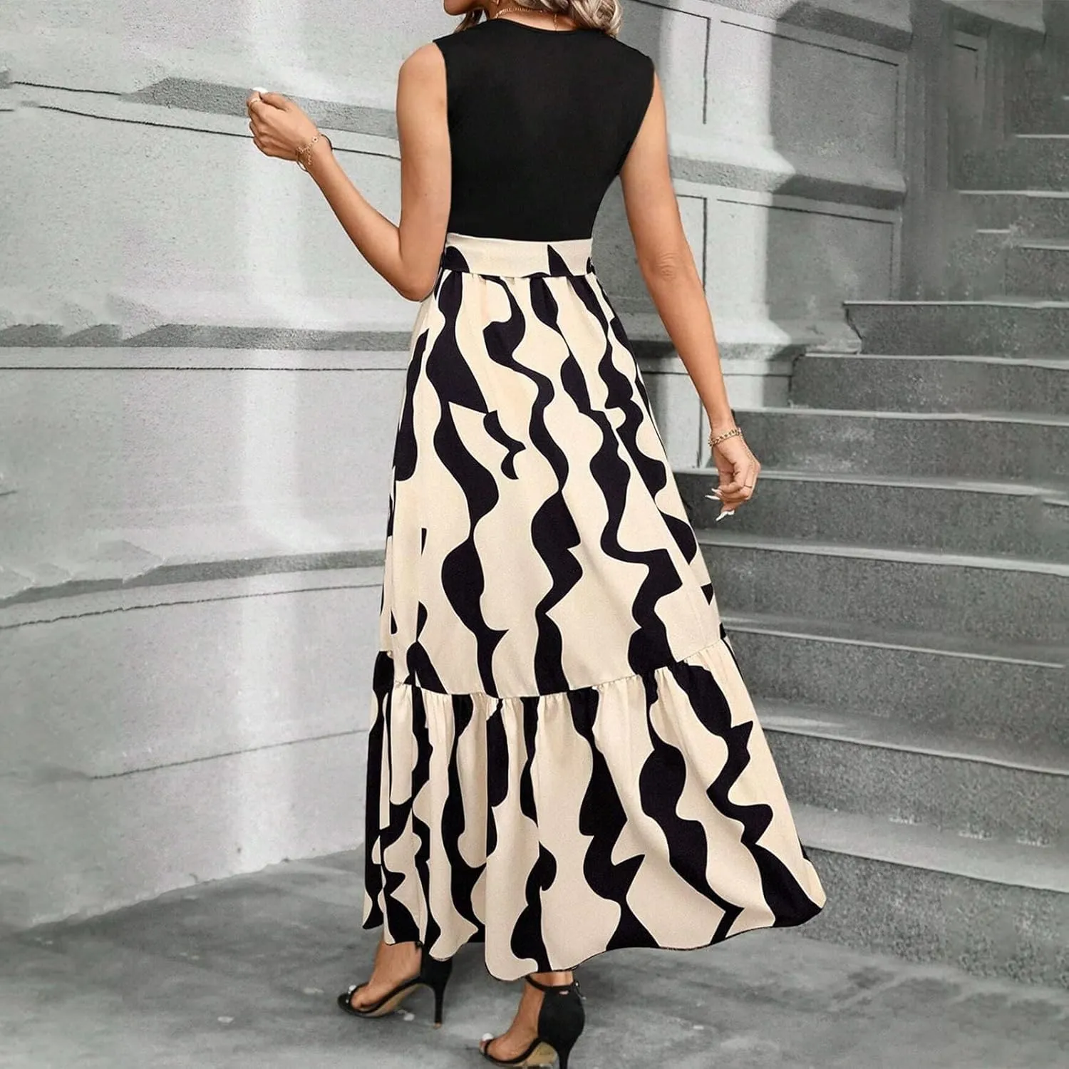 Tank Dresses for Women 2025 Sleeveless Flowy Summer Floral Maxi Dress Tiered Ruffle Empire Waist Patchwork Dress