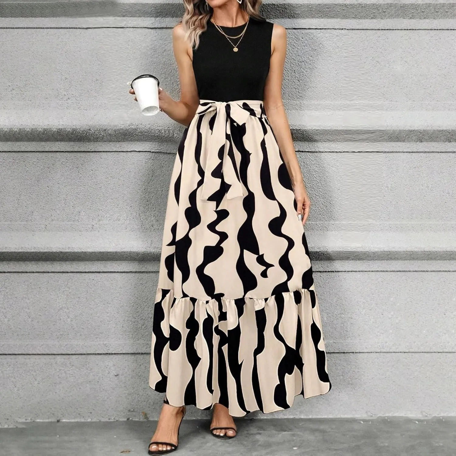 Tank Dresses for Women 2025 Sleeveless Flowy Summer Floral Maxi Dress Tiered Ruffle Empire Waist Patchwork Dress
