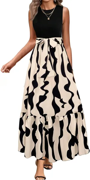 Tank Dresses for Women 2025 Sleeveless Flowy Summer Floral Maxi Dress Tiered Ruffle Empire Waist Patchwork Dress