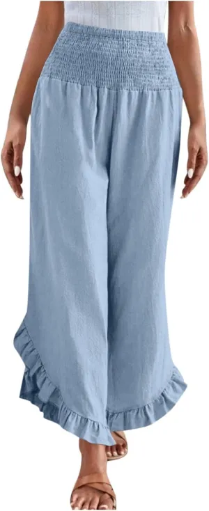 TARIENDY Palazzo Pants for Women Dressy Casual Summer Smocked Waist Trousers Ruffle Hem Wide Leg Boho Flowy Beach Outfits