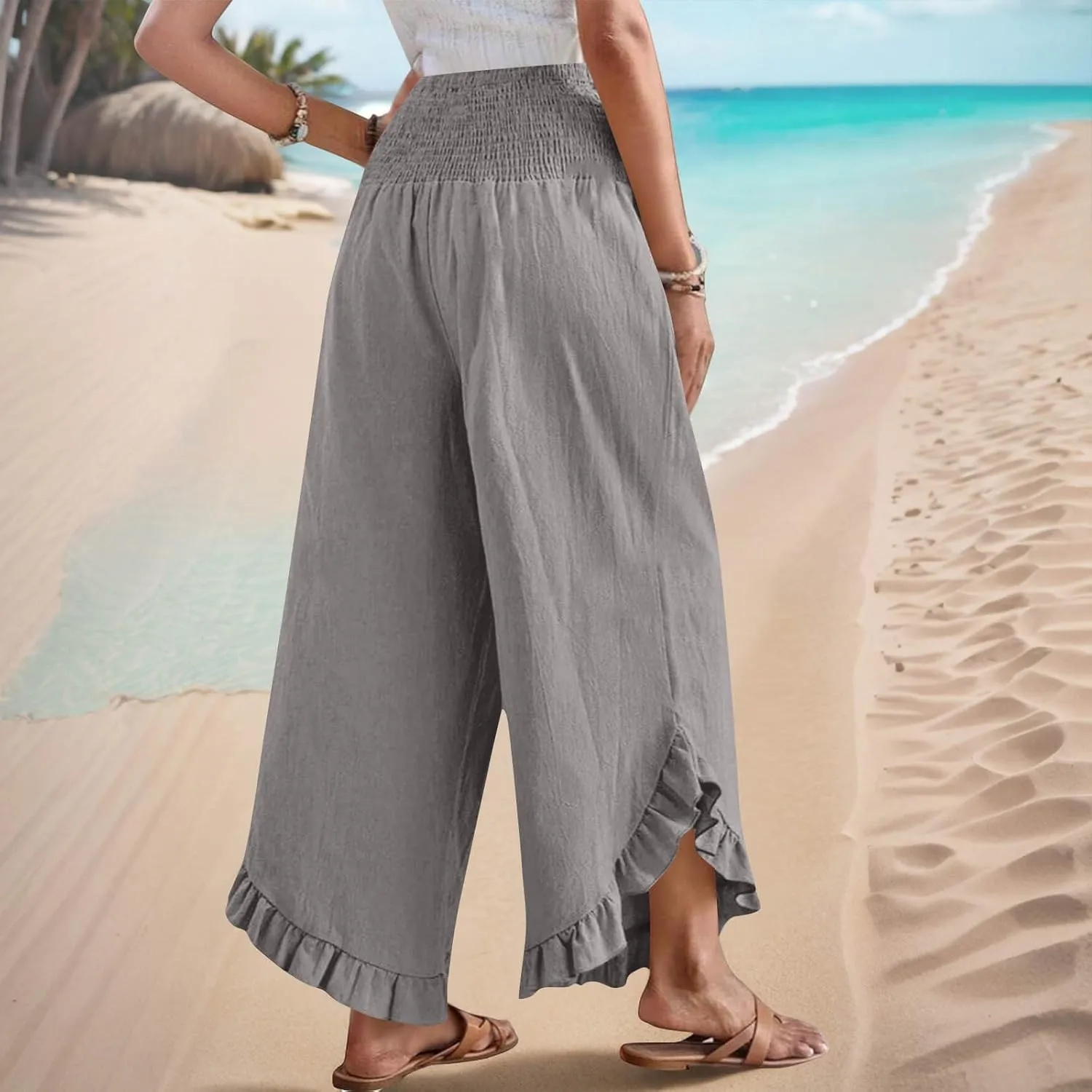 TARIENDY Palazzo Pants for Women Dressy Casual Summer Smocked Waist Trousers Ruffle Hem Wide Leg Boho Flowy Beach Outfits